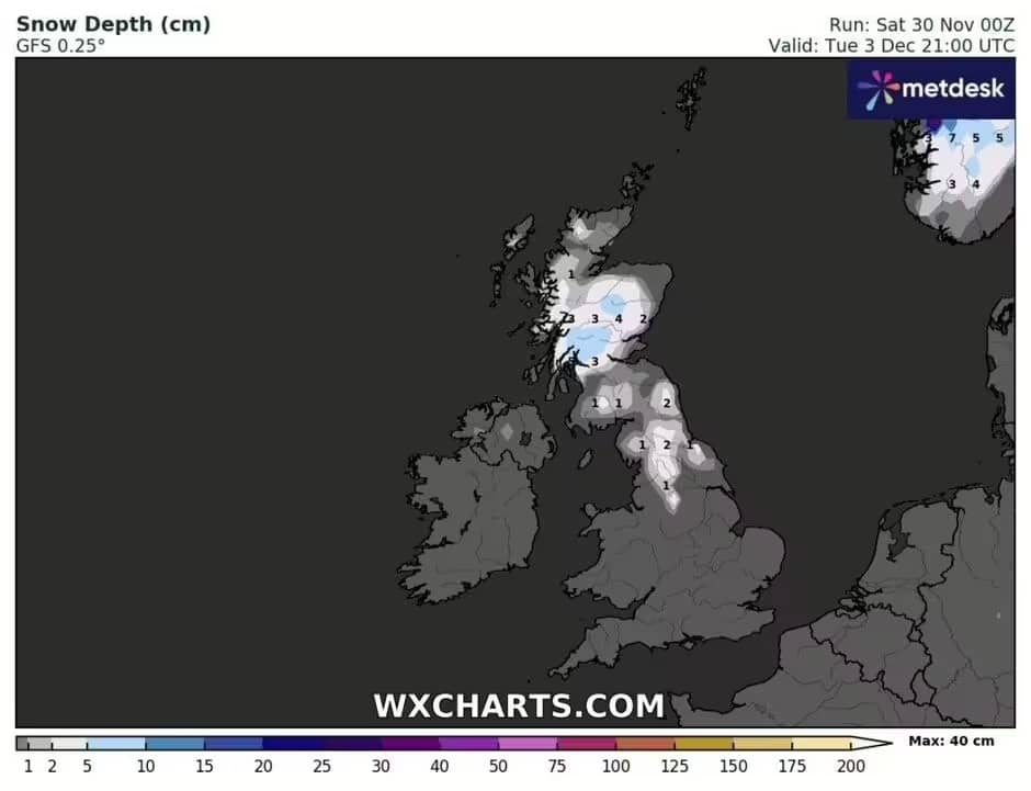 This Map Shows Snow At Depths Up To 4cm At 9pm On December 3