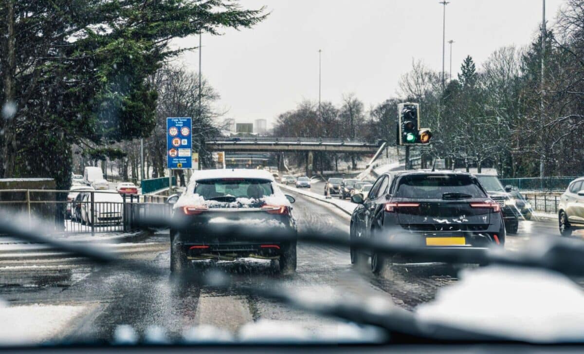 A Driver's View Of A Trip To Glasgow With Snow On The Road.