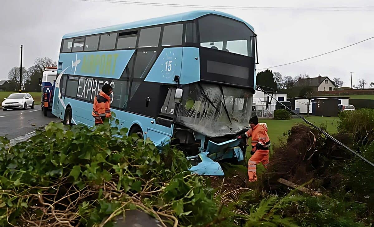 An Airport Transfer Bus Is Pictured After Leaving The Road And Crashing Into A House In Templepatrick During Storm Darragh