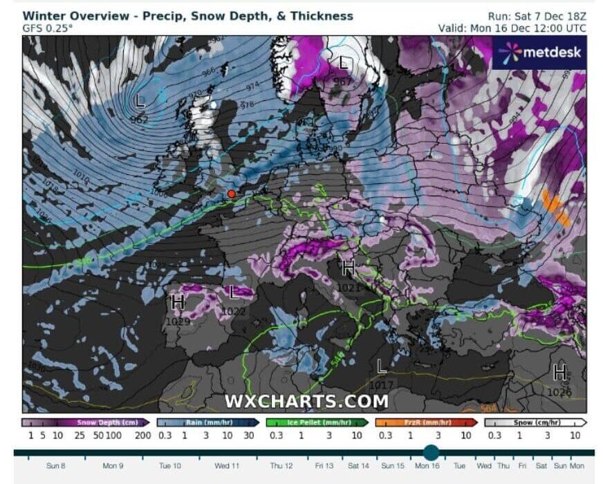 Precipitation, Snow Depth And Thickness Chart For December 16, 12 Am.