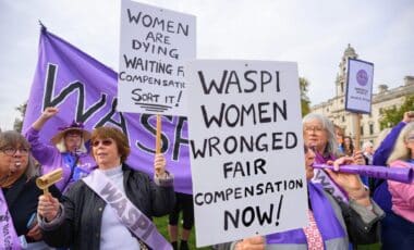 WASPI Women Protestors group demonstrate outside the Houses of Parliament