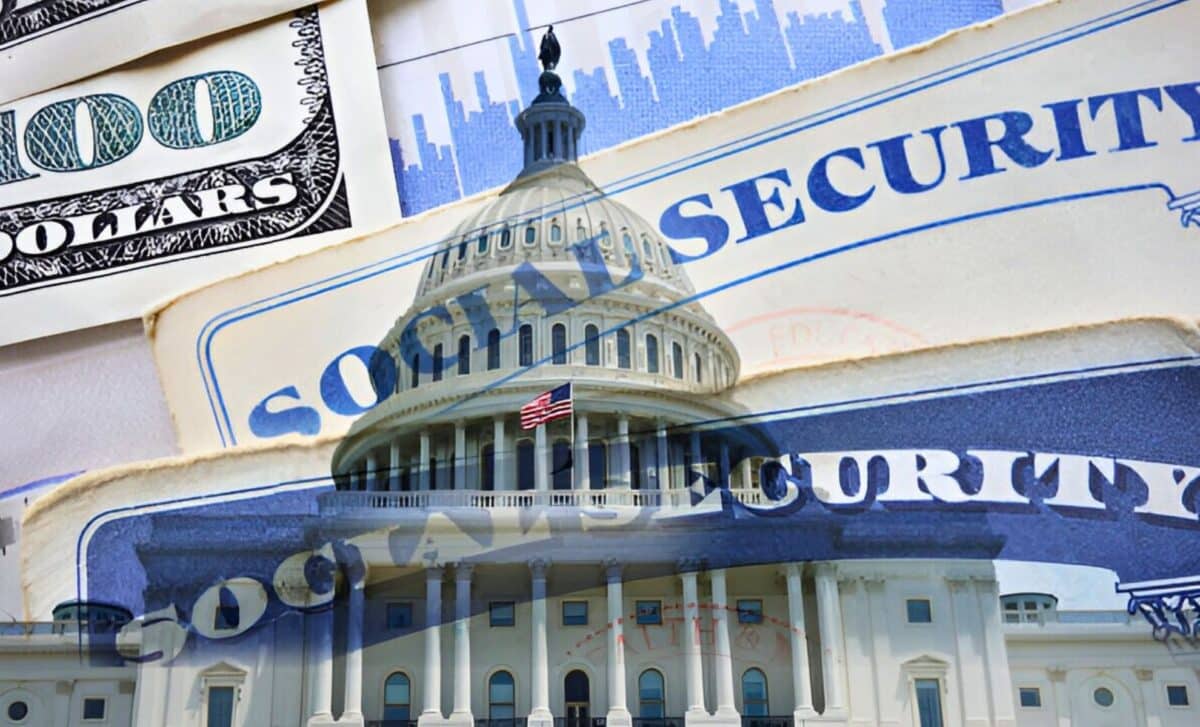 United States capitol in Washington DC with a Social Security card and money