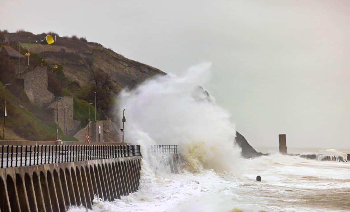 Storm Darragh - Waves Crashing Over The Sea Defence Promenade Along Sunny Sands Beach