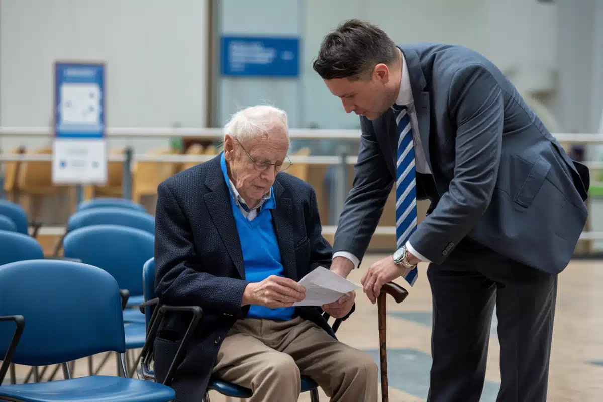 An elder man helped to fill a form