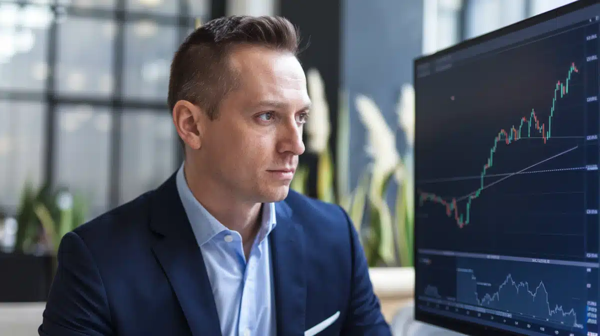 A businessman looking at a US market graph