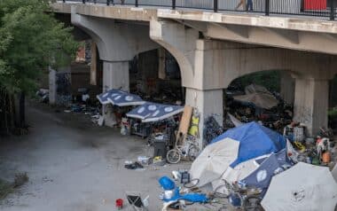 Homelessness-homeless encampment set up under a large concrete bridge