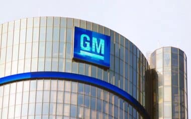 GM (General Motors) logo prominently displayed on the glass facade