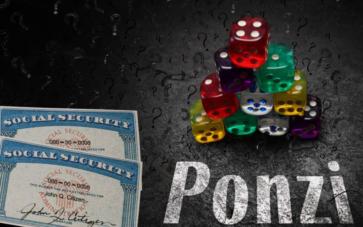 U.S. Social Security cards and a pyramid of colourful dice with 'Ponzi' written beneath