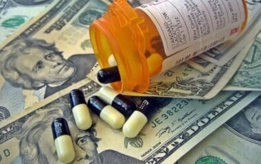 Spilled pill bottle on dollar bills