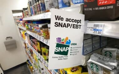 The interior of a retail store in California displaying their participation in the SNAP program