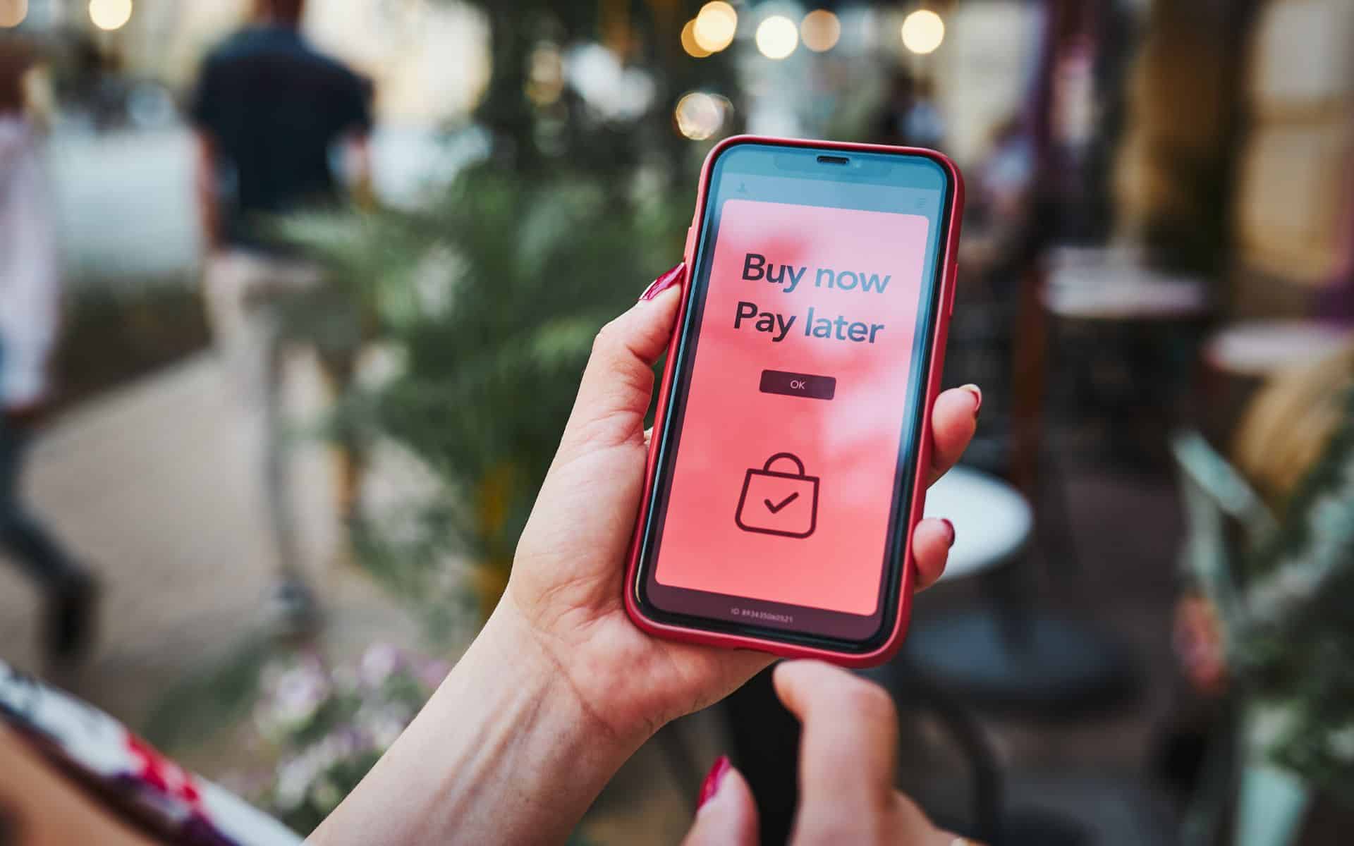 BNPL Buy Now Pay Later Online Shopping Service on Smartphone. on