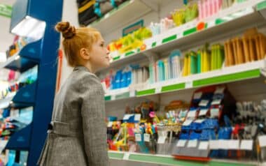 School Girl Choosing a Pencil in Stationery Store