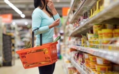 Woman with Food Basket at Grocery or Supermarket