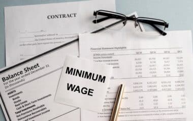 A paper with MINIMUM WAGE text on backgrounwith documents and glasses