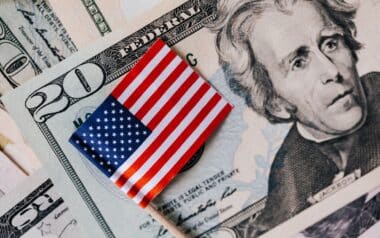 Set of USA dollars and national flag