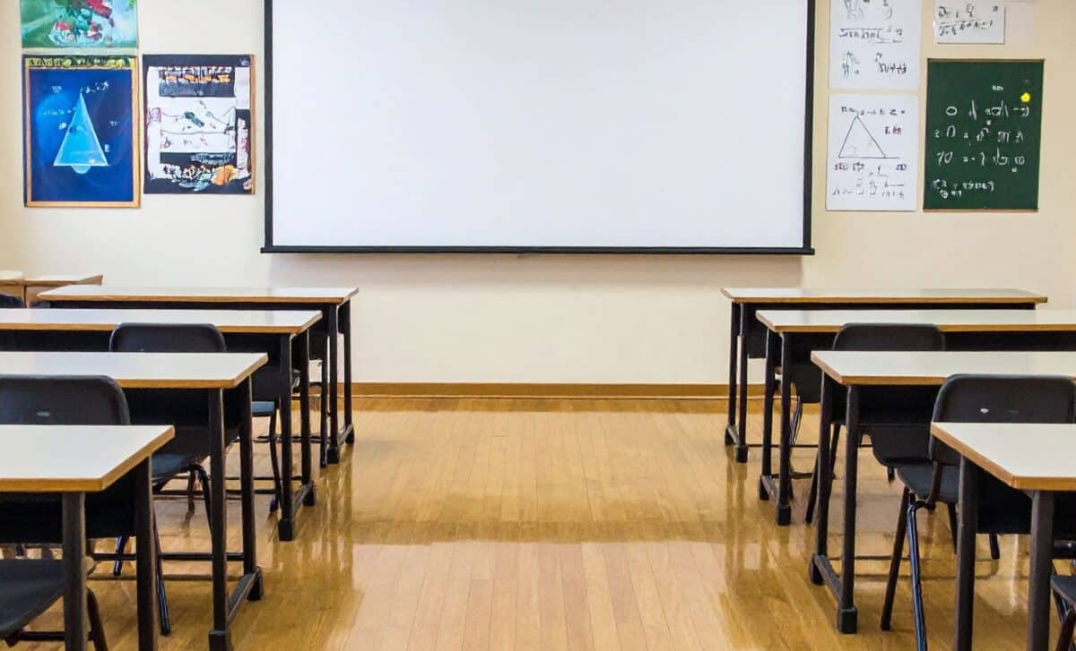 Empty Classroom with Desks and Whiteboard
